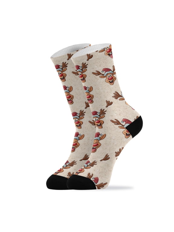 Novelty Funny Cartoon Deer Head Crew Socks for Women Men Soft Stretchy Breathable Unisex Casual Socks One Size Funny Crazy Gift Socks