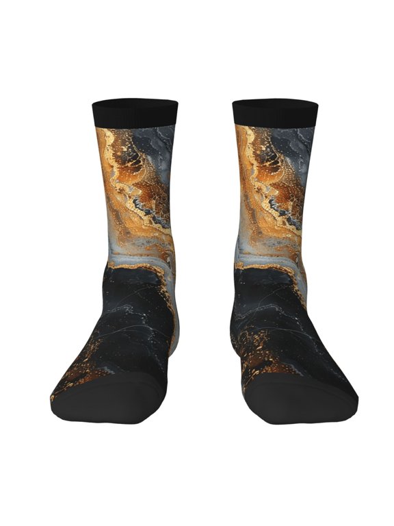 Novelty Funny Crew Socks Casual Crazy Socks for Men Women , Black Gold Marble Art
