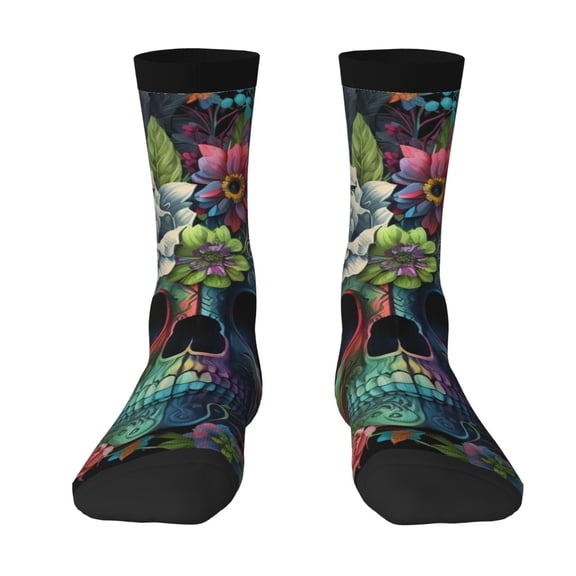 Novelty Funny Crew Socks Casual Crazy Socks for Men Women , Floral Sugar Skull Flowers