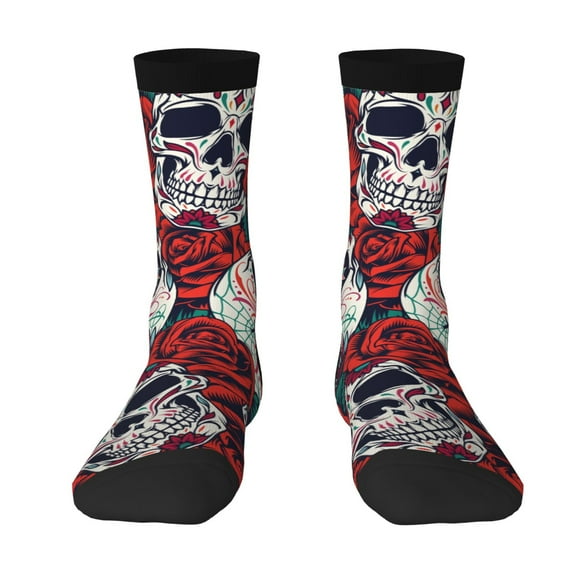 Novelty Funny Crew Socks Casual Crazy Socks for Men Women , Red Rose Skull Skulls Head