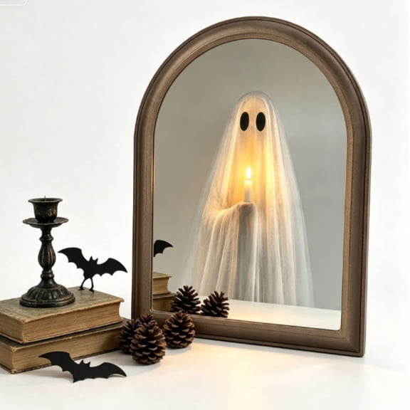 Novelty Ghost Mirror with LED Lights  Scary Holographic Mirror with Haunted Ghost Figure, Halloween Indoor Decoration for Bedroom, Bathroom, Fireplace, DIY Wall Decor