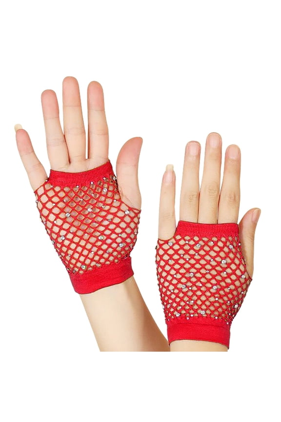 Novelty Gloves for Women Men Rhinestone Fishnet Gloves Ladies Mesh Hollow Out Nylon Short Mesh FingerlessGloves for Emo Goth Wedding Evening Party 80s Scene Accessories(Red)