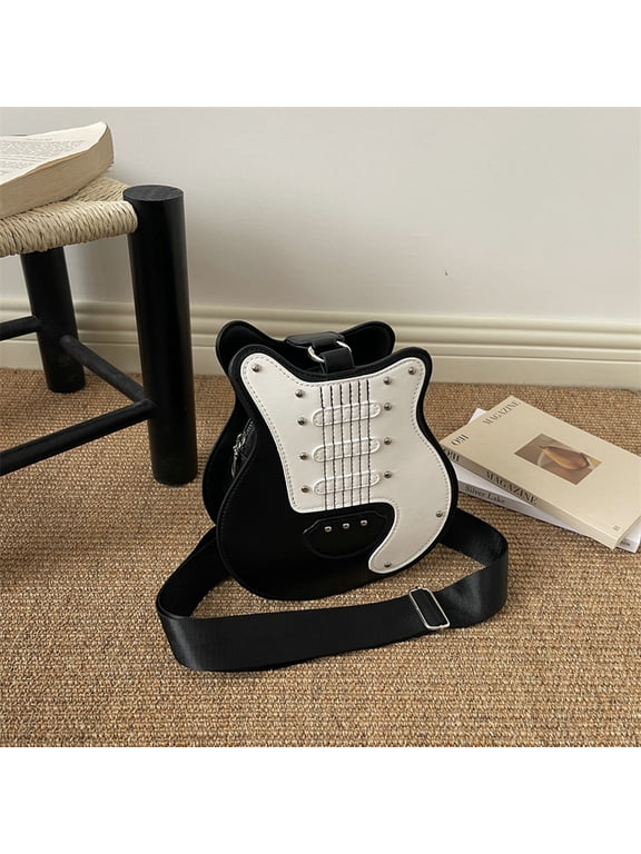 Novelty Guitar Shape Crossbody Bag, Pink White Faux PU Leather Rock Music Theme Shoulder Purse, Adjustable Wide Strap Zipper Closure Unique Fashion Sling Bag for Daily Dating Party Cosplay Gift