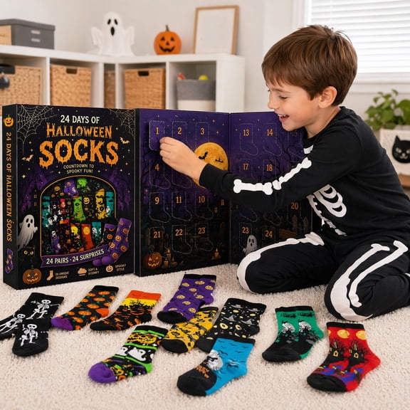 Novelty Halloween Sock Set, 24 Unique Socks, Advent Calendar, Halloween Present, Complete with Whimsical Prints of Ghosts, Bats, Moons, Haunted Houses, Skeletons and Witch Motifs
