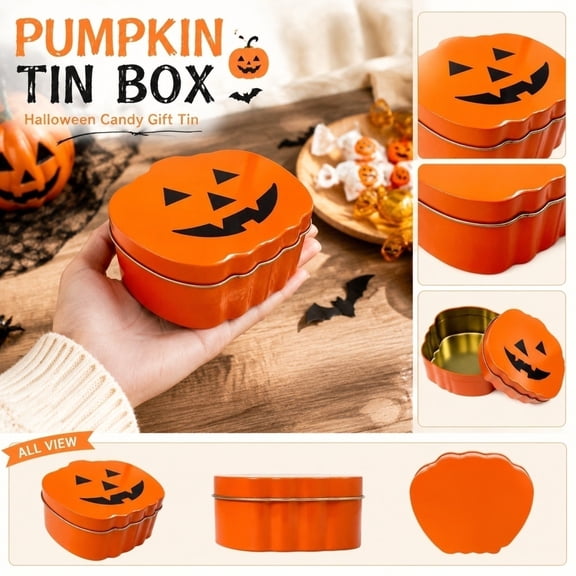 Novelty Halloween Storage Container, Pumpkin Shaped Metal Tin Box, Halloween Pumpkin Decorations, Cookie Tin, Box for Gift, 4X4X2 Inch Orange Jack O Lantern Metal Box,