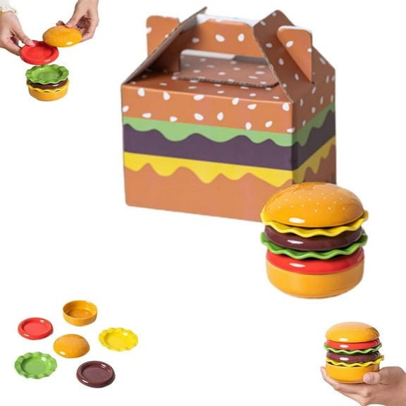 Novelty Hamburger Dinnerware Kit - 6-Piece Ceramic Stacking Set, Funny Food Shaped Serving Trays & Lidded Bowl Gift for Kids & Burger Lovers