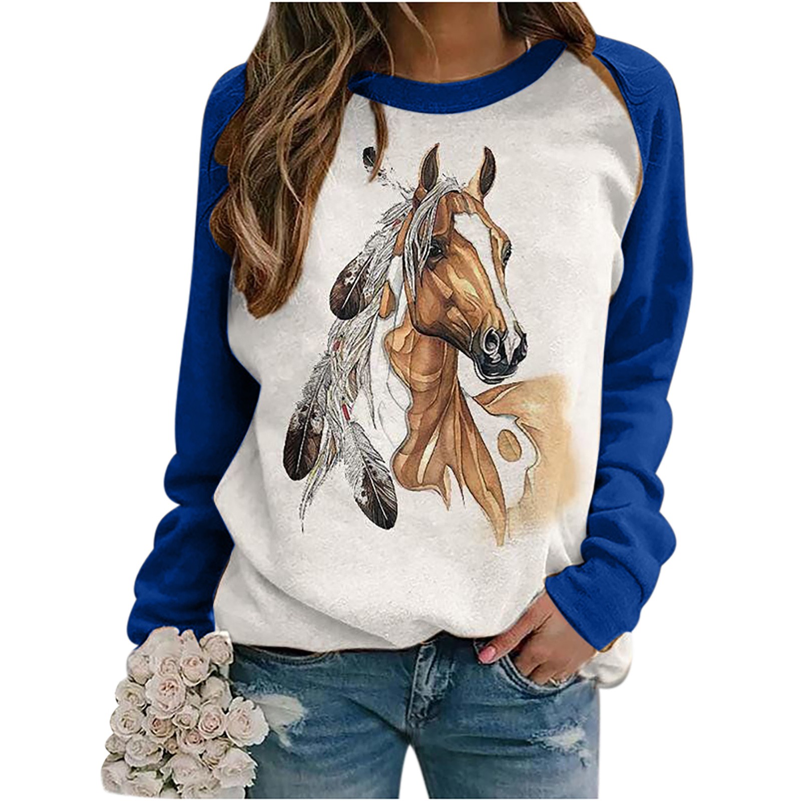 Novelty Horse Shirts for Women 2024 Trendy Animal Pattern Crewneck