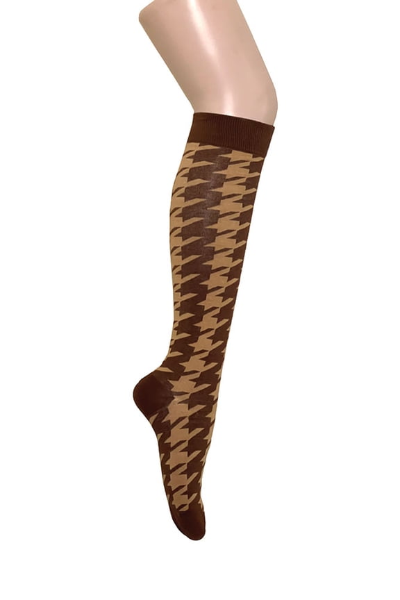 Novelty Houndstooth Pattern Women Knee High Tube Socks in Brown with Beige Color