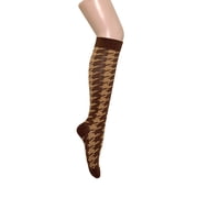 Novelty Houndstooth Pattern Women Knee High Tube Socks in Brown with Beige Color