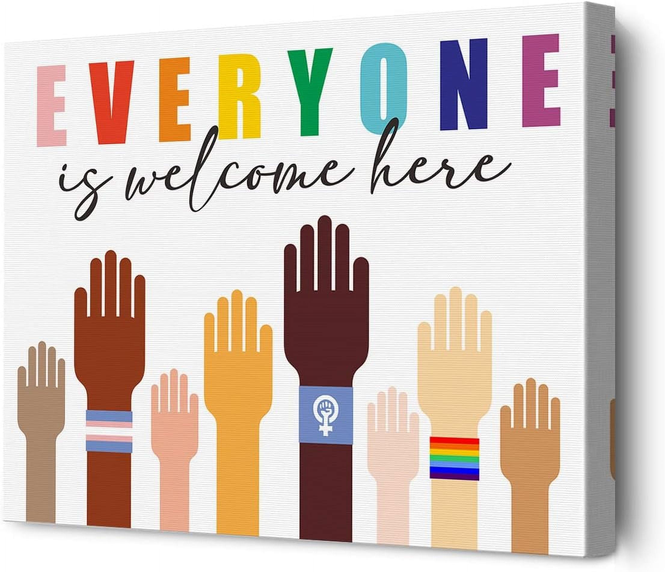 Novelty Inspirational Diversity Quote Everyone is Welcome Here Framed Canvas Wall Art, Colorful Print Paintings Poster, Perfect Wall Decor for Home Classroom Artwork Gift 5x10 Inch