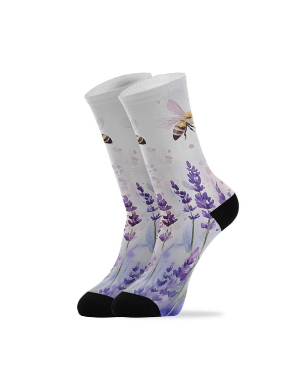 Novelty Lavender Bee Crew Socks for Women Men Soft Stretchy Breathable Unisex Casual Socks One Size Funny Crazy Gift Socks