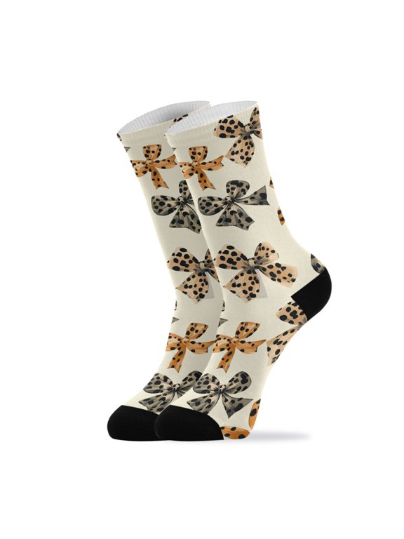 Novelty Leopard Print Bows Crew Socks for Women Men Soft Stretchy Breathable Unisex Casual Socks One Size Funny Crazy Gift Socks
