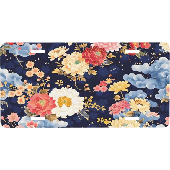 Novelty License Plate with Japanese Colored Flower Design, Front Car Plate, Aluminum, 6 x 12 Inch