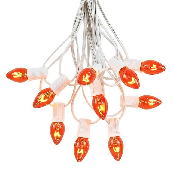 Novelty Lights 100 Feet C7 Amber/Orange Christmas String Light Set, Vintage Holiday Hanging Light Set, White Wire