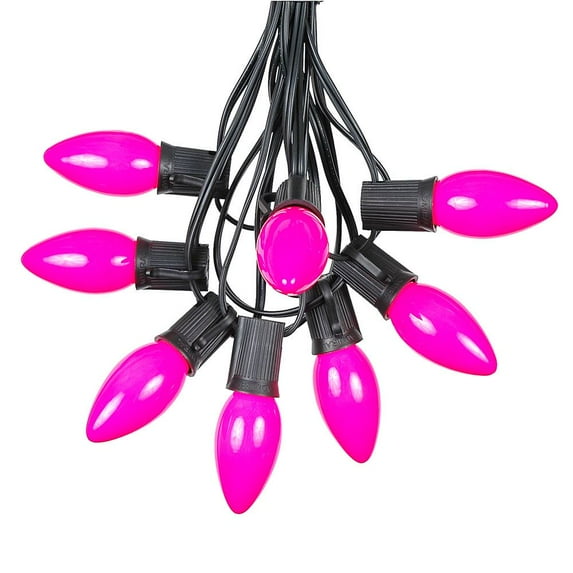 Novelty Lights 100 Feet C9 Pink Christmas String Light Set, Ceramic Vintage Holiday Hanging Light Set, Black Wire