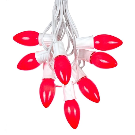 Novelty Lights 100 Feet C9 Red Christmas String Light Set, Ceramic Vintage Holiday Hanging Light Set, White Wire