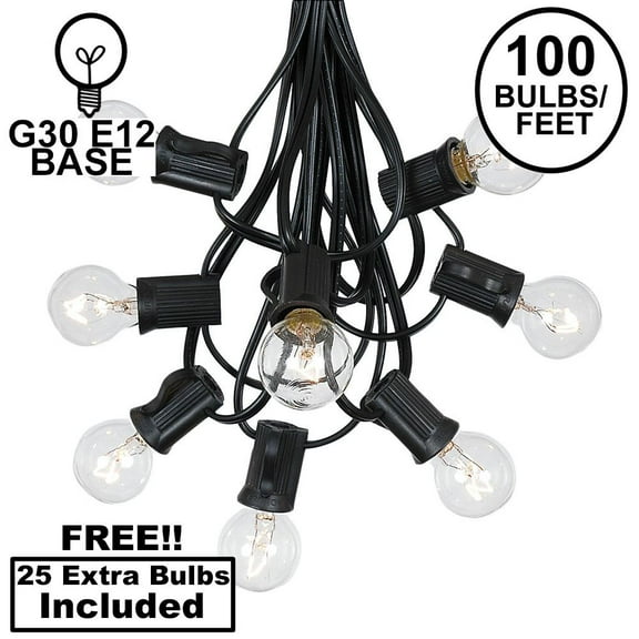 Novelty Lights 100 Feet Clear G30 Globe Outdoor Patio String Lights, Black Wire