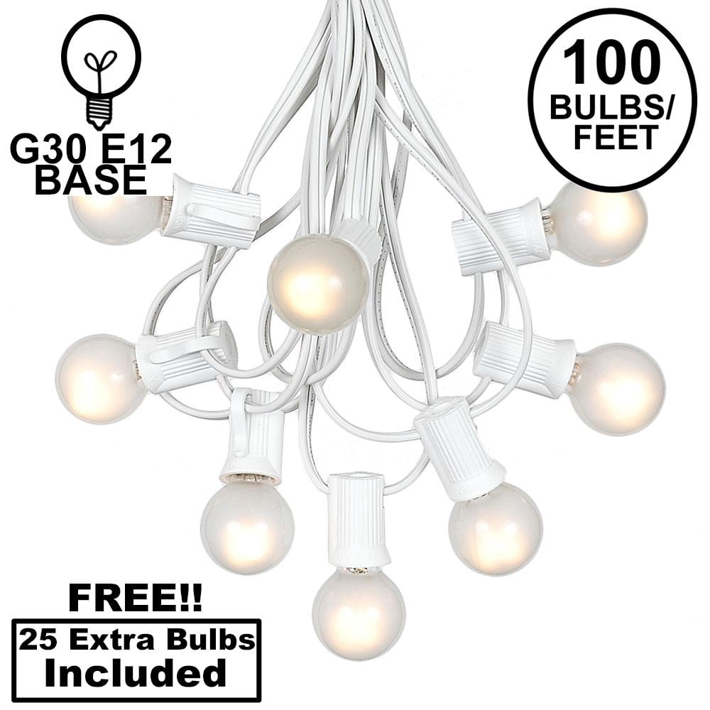 Novelty Lights 100 Feet Frosted White G30 Globe Outdoor Patio String Lights, White Wire