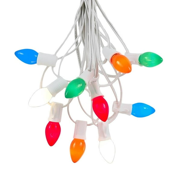 Novelty Lights 100 Foot C7 Ceramic Christmas Light Set, Hanging String Light, White Wire Multi