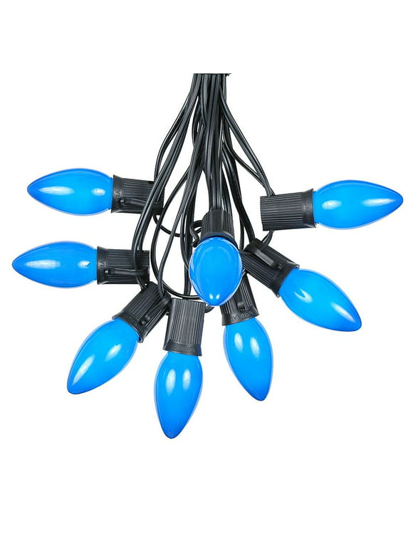 Novelty Lights 100 Foot C9 Ceramic Christmas Light Set, Hanging String Lights, Black Wire Blue