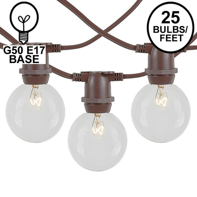Novelty Lights 25' Clear Incandescent G50 Globe Outdoor String Lights, In-Line, Commercial Grade, Backyard Garden Gazebo, Cafe Market Patio Lights, Brown Wire, 25 Sockets
