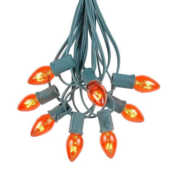 Novelty Lights 25 Feet C7 Amber/Orange Christmas String Light Set, Vintage Holiday Hanging Light Set, Green Wire