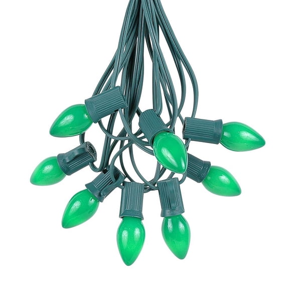 Novelty Lights 25 Feet C7 Ceramic Green Christmas String Light Set, Vintage Holiday Hanging Light Set, Green Wire