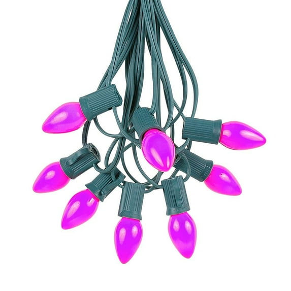 Novelty Lights 25 Feet C7 Ceramic Purple Christmas String Light Set, Vintage Holiday Hanging Light Set, Green Wire