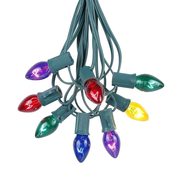Novelty Lights 25 Feet C7 Multicolor Christmas String Light Set, Vintage Holiday Hanging Light Set, Green Wire