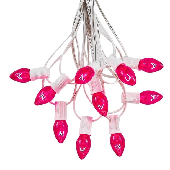 Novelty Lights 25 Feet C7 Pink Christmas String Light Set, Vintage Holiday Hanging Light Set, White Wire