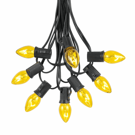 Novelty Lights 25 Feet C7 Yellow Christmas String Light Set, Vintage Holiday Hanging Light Set, Black Wire