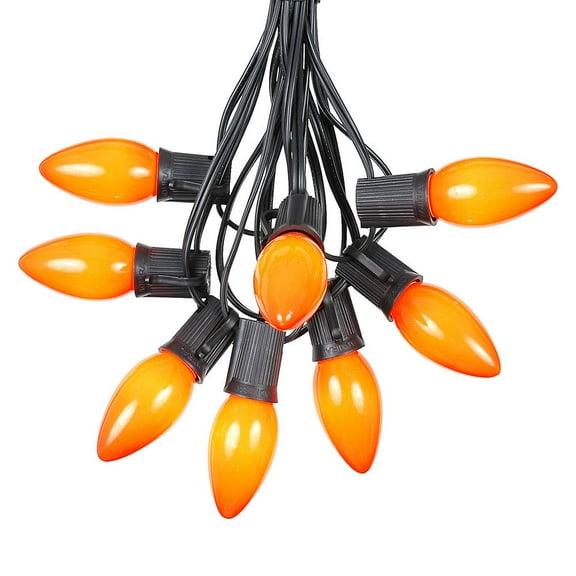 Novelty Lights 25 Feet C9 Amber/Orange Christmas String Light Set, Ceramic Vintage Holiday Hanging Light Set, Black Wire