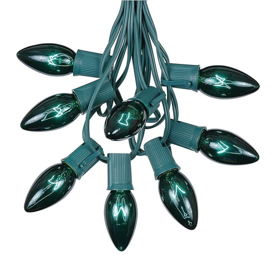 Novelty Lights 25 Feet C9 Green Christmas String Light Set, Vintage Holiday Hanging Light Set, Green Wire