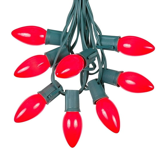 Novelty Lights 25 Feet C9 Red Christmas String Light Set, Ceramic Vintage Holiday Hanging Light Set, Green Wire