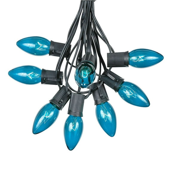 Novelty Lights 25 Feet C9 Teal Christmas String Light Set, Vintage Holiday Hanging Light Set, Black Wire