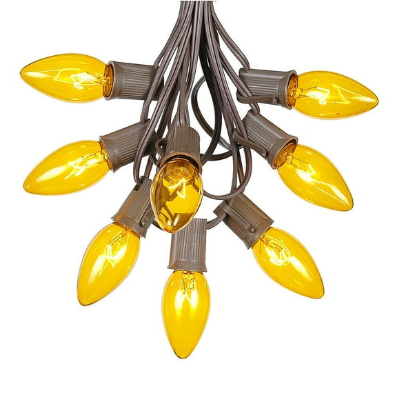 Novelty Lights 25 Feet C9 Yellow Christmas String Light Set, Vintage Holiday Hanging Light Set, Brown Wire