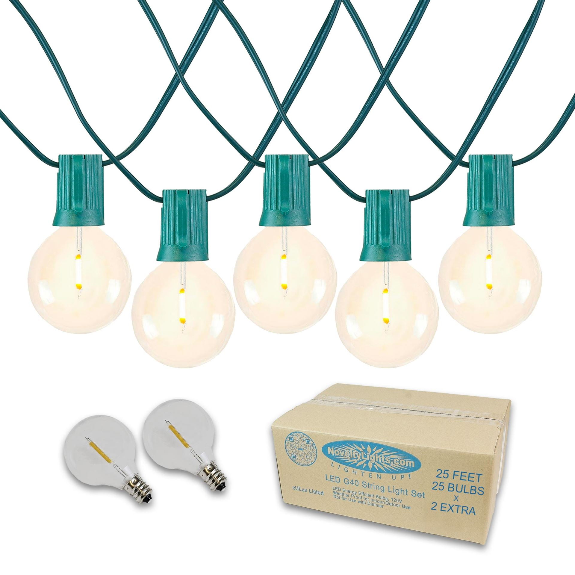 25 Feet Warm White LED Globe Outdoor String Lights with Green Wire