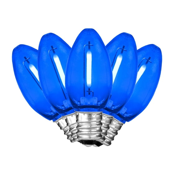 Novelty Lights 25 Pack C7 LED Filament Bulbs, Blue Shatterproof Plastic Replacement Christmas Lights, E12 Base, Indoor/Outdoor Strings, Dimmable