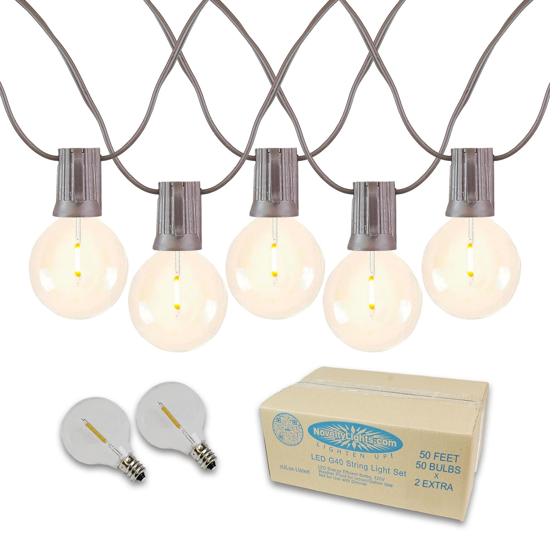 Novelty Lights 50 Feet Warm White LED G40 Globe Plastic Shatterproof Outdoor Patio String Lights, Brown Wire