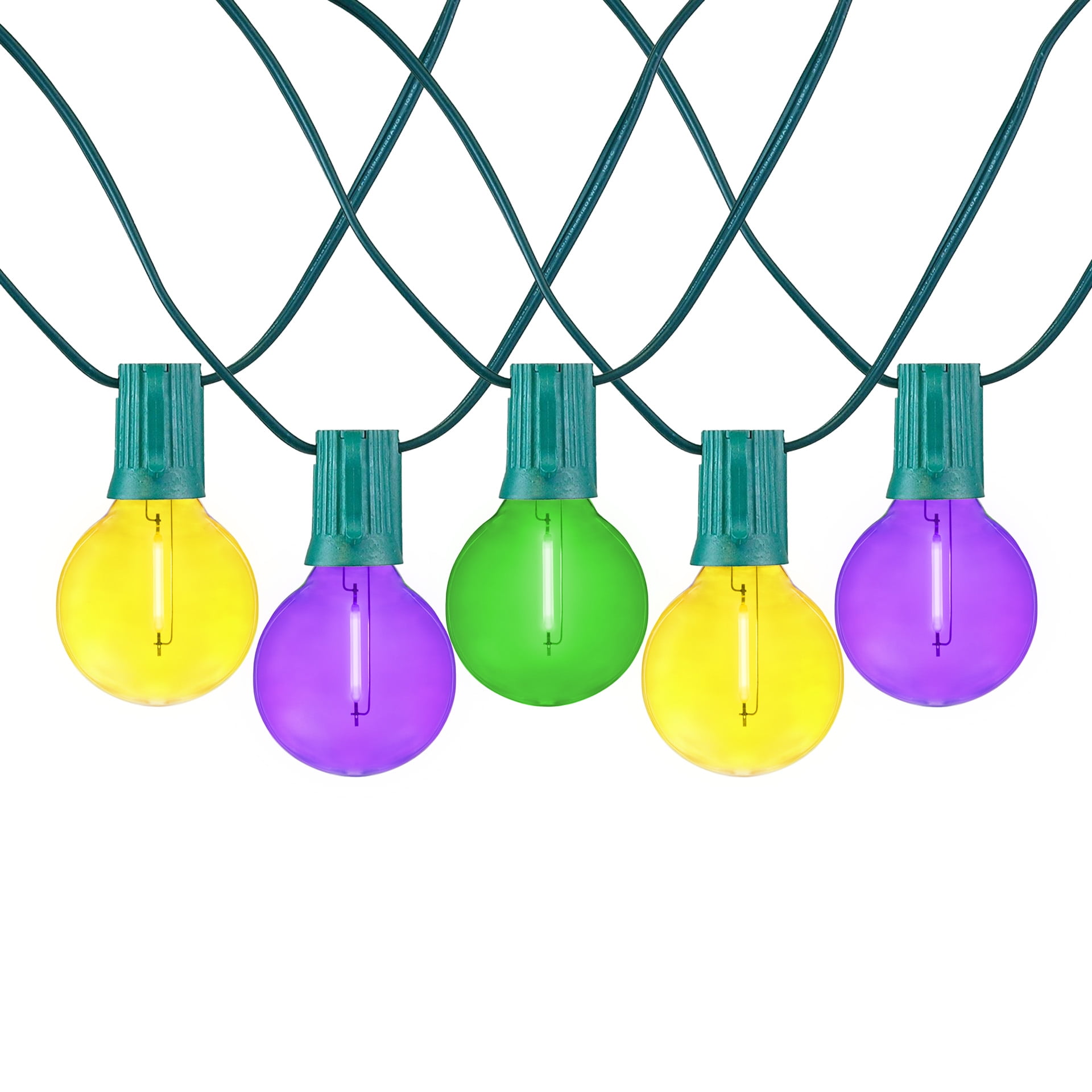 Novelty Lights 25 Feet Yellow/Purple/Green Mardi Gras LED G40 Globe Plastic Shatterproof Outdoor Patio String Lights, Green Wire