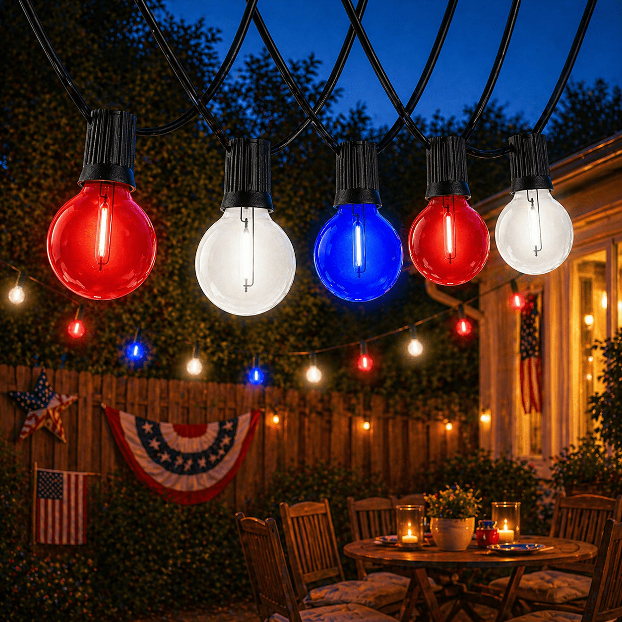 Novelty Lights 25 Feet Red/White/Blue July 4th USA LED G40 Globe Plastic Shatterproof Outdoor Patio String Lights, Black Wire