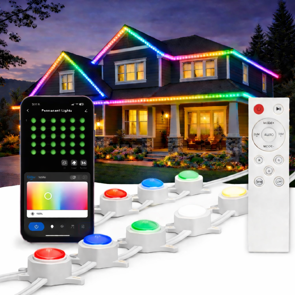 Novelty Lights 50ft RGBW Permanent Smart Outdoor Soffit Lights, Tunable White, App/Remote Control, 3x16.6ft Strings, 12-36 LED Nodes, IP68, Music Mode
