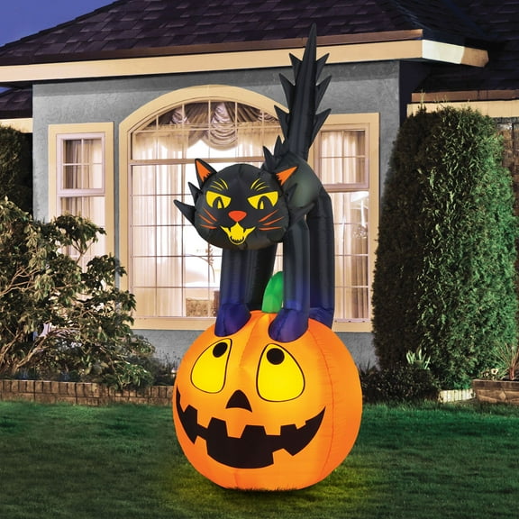 Novelty Lights 7’ Inflatable Black Cat On Pumpkin– Halloween Outdoor Yard Decoration