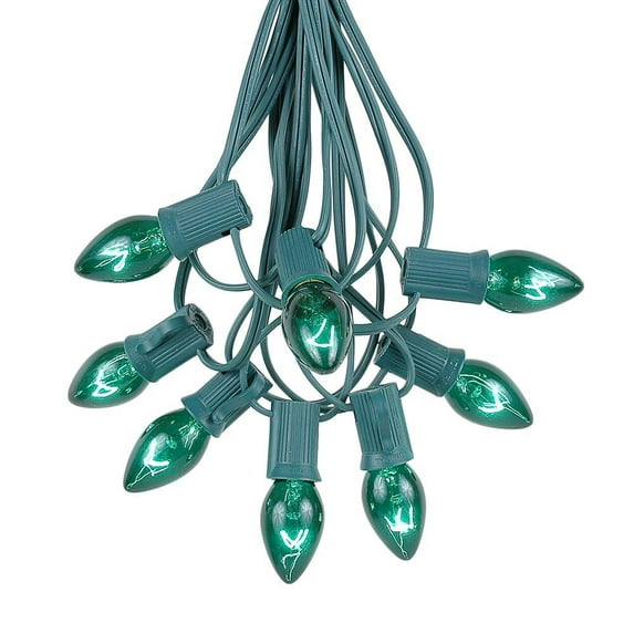 Novelty Lights C7 Green Christmas Lights Set - Indoor/Outdoor Christmas Light String Hanging Christmas Lights - Outdoor Patio String Lights - Green Wire - 100 Feet