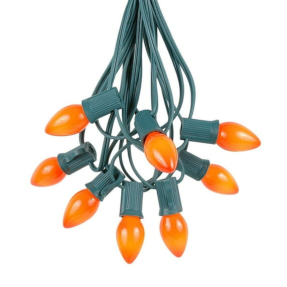 Novelty Lights C7 Orange Ceramic Christmas Lights Set - Roofline Christmas Lights – Hanging Christmas Lights – Outdoor String Lights - Green Wire - 100 Feet