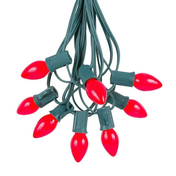 Novelty Lights C7 Red Ceramic Christmas Lights Set - Roofline Christmas Lights – Hanging Christmas Lights – Outdoor String Lights - Green Wire - 100 Feet