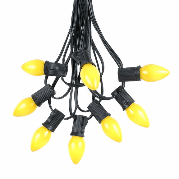Novelty Lights C7 Yellow Ceramic Christmas Lights Set - Indoor/Outdoor Christmas Light String – Opaque Christmas Bulbs – Outdoor String Lights - Black Wire - 25 Foot