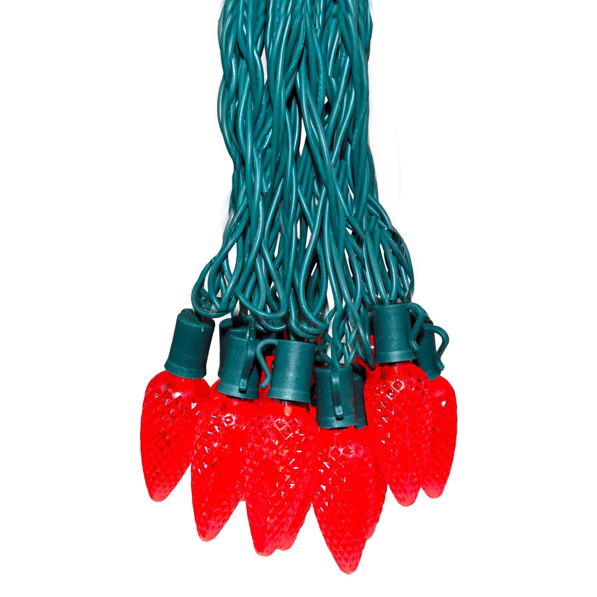 Red C9 LED Faceted Christmas Tree Lights, 25 Bulbs, Green Wire