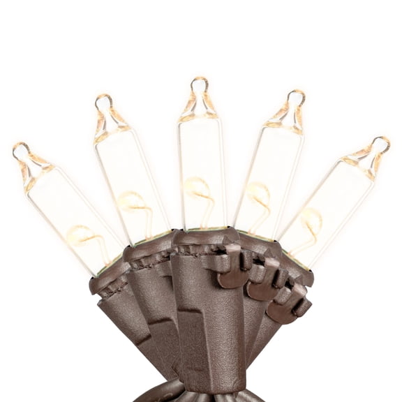 Novelty Lights RetroGlo® LED Mini Lights, 100 Clear Bulbs on Brown Wire, 34ft with 4" Spacing, Incandescent Style Glow, 2700K Warm White Core