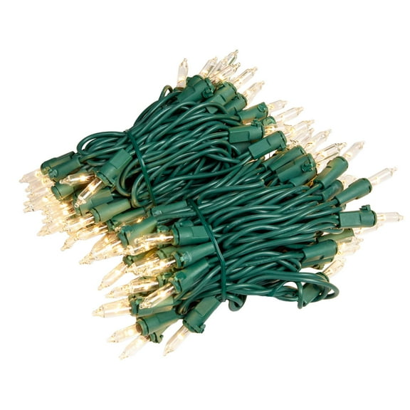 Novelty Lights RetroGlo® LED Mini Lights, 100 Clear Bulbs on Green Wire, 22ft with 2.5" Spacing, Incandescent Style Glow, 2700K Warm White Core